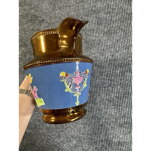 English Staffordshire copper luster Hand Painted Ceramic Pitcher Cherub Chariot - Picture 2 of 11